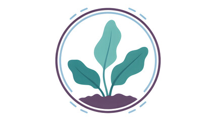 Stylized illustration of a young green plant growing from soil inside an oval frame with dashed border isolated on transparent background