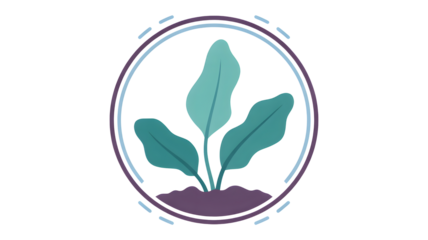 Stylized illustration of a young green plant growing from soil inside an oval frame with dashed border isolated on transparent background