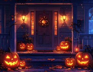 Halloween Night - Illuminated Pumpkins and Festive Doorway Decoration.