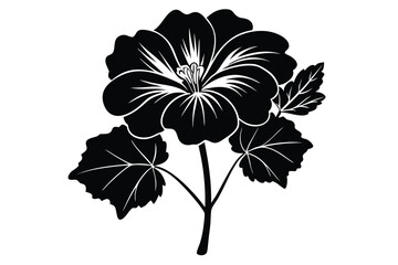 Black hibiscus flower and leaves show in a simple silhouette on a white background