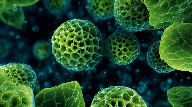 Abstract scientific visuals of green plant cells. 