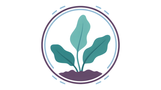 Stylized illustration of a young green plant growing from soil inside an oval frame with dashed border isolated on transparent background