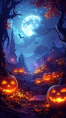 Halloween Night - Jack-o-Lanterns Glow Under a Full Moon.