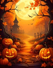 Halloween Night - Pumpkins, Full Moon, and Spooky House.