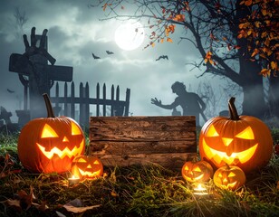 Halloween Night Scene with Pumpkins and Zombie Silhouette.