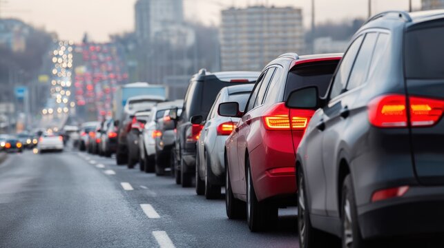 Traffic jam on a busy city road with numerous vehicles lined up, showcasing a mix of colors and styles, highlighting urban congestion and daily commuting challenges