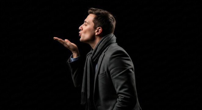 Young man blowing a kiss with a stylish scarf, dressed in a tailored coat, against a dark background, conveying affection and charm in a sophisticated manner