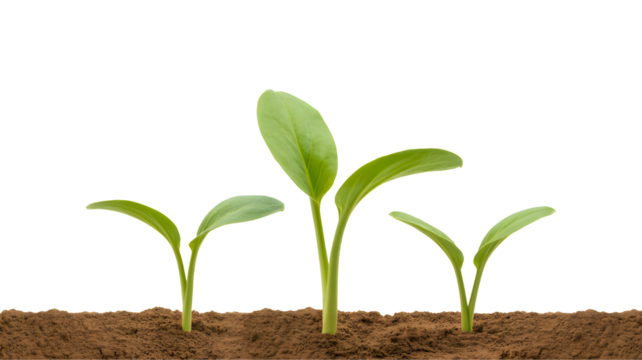 Three young green plant sprouts emerging from rich brown soil symbolizing growth and new beginnings isolated on transparent background