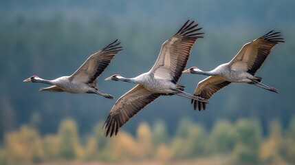 Fototapeta premium An adult common crane (Grus grus) and its two offspring are seen migrating over Europe. The family of birds soars gracefully in a natural wildlife setting. 