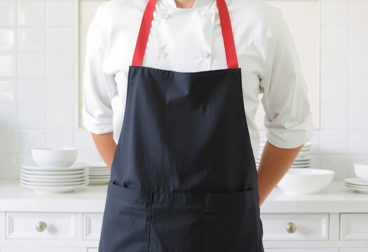 Blank black apron on man mockup, crop view, ai generated