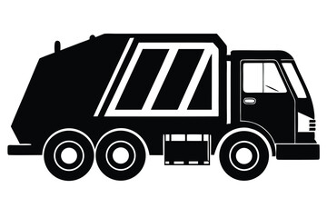A simplified black garbage truck features white accents with wheels rolling along a plain background