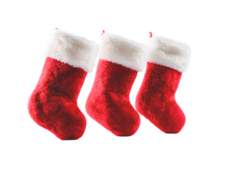 Three Red Velvet Christmas Stockings with White Faux Fur Cuffs on Pure White Background , Plush Festive Holiday Decor with Rich Velvet and Cozy Textured Detail
