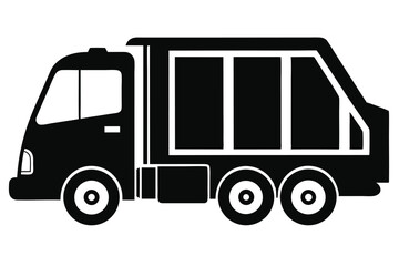 Monochrome garbage truck with three rear axles presents a side view in format