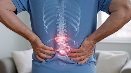 Senior male experiencing back pain due to spine injury or arthritis while massaging discomfort
