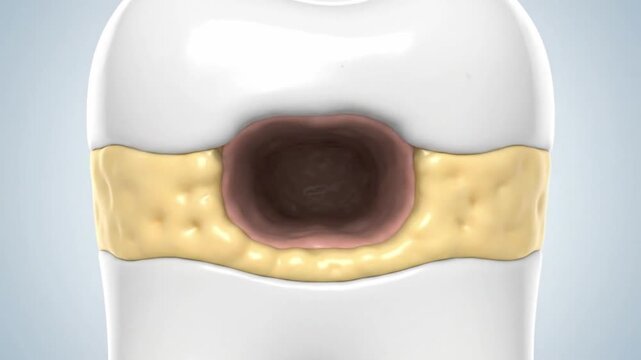A time-lapse 3D animation showing a cavity progressing into a deep tooth decay and nerve infection
