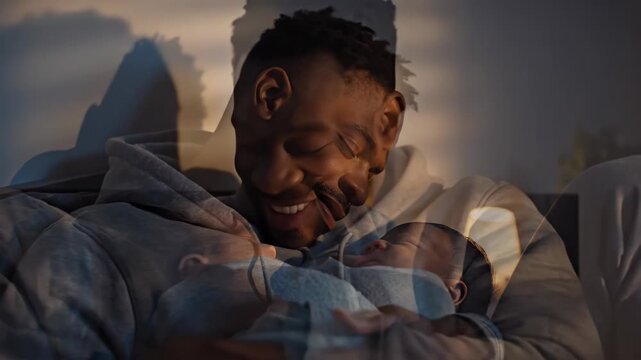 Loving African American father soothing his crying newborn baby at night, a heartwarming scene of parental care and connection, capturing a beautiful family moment