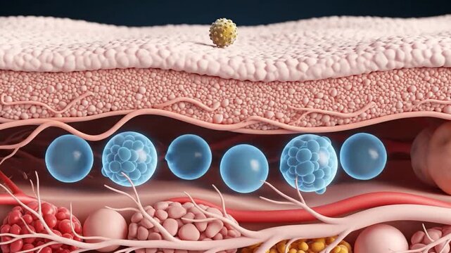 A microscopic 3D animation of a skin allergy, showing mast cells releasing histamine in response to an allergen
