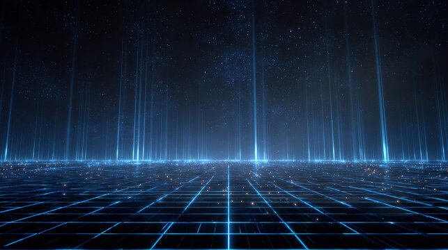 Futuristic digital landscape with glowing lines and a grid pattern, perfect for sci-fi and tech-themed projects.