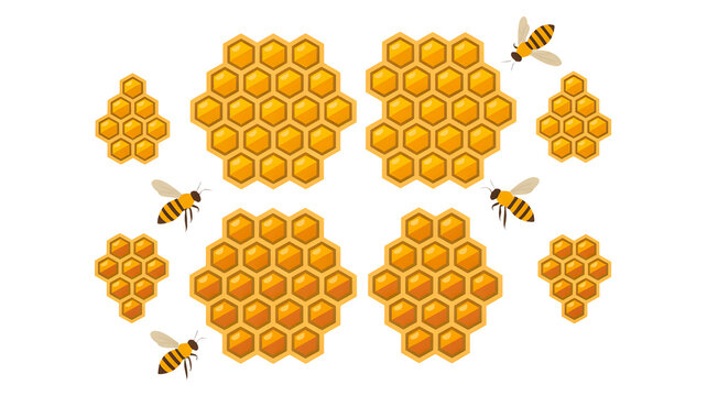 Collection of golden honeycombs and flying bees arranged in a circular pattern isolated on transparent background