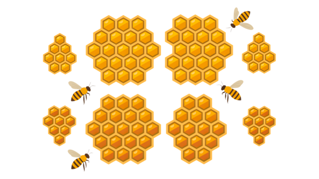 Collection of golden honeycombs and flying bees arranged in a circular pattern isolated on transparent background