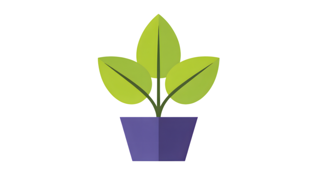 A simple flat design illustration of a green leafy plant growing in a purple pot isolated on transparent background