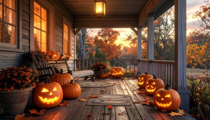 Halloween Porch Decor - Jack-o-lanterns and Autumnal Ambiance at Sunset.