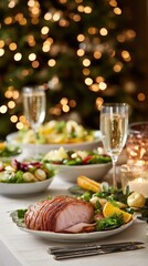 Holiday dinner table setting with beautifully arranged dishes, including glazed ham, fresh salads, and sparkling drinks, creating a warm celebratory atmosphere