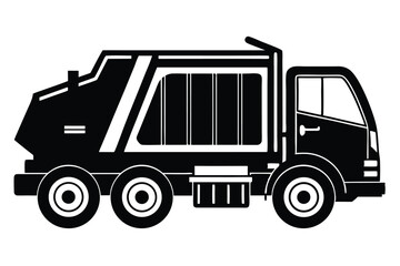 A black silhouette of the garbage truck is on the way, isolated on white