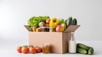 Fresh organic vegetables and fruits in a cardboard box, including cucumbers, tomatoes, and jars, showcasing healthy eating and sustainable living concepts