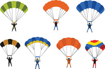 parachute vector illustration set, showing skydivers in colorful parachuting poses for aviation training, extreme sport graphics, adventure posters, educational materials, and infographic design