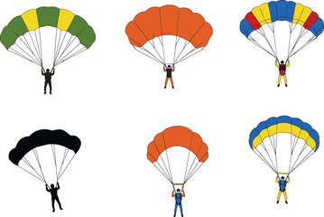 parachute vector illustration set, showing colorful skydivers in different parachuting positions for aviation training, extreme sports design, adventure posters, education and infographics