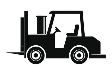 Silhouette shows a forklift with steering wheel, seat, and fork in black and white