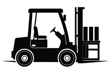 Black forklift silhouette lifts stacked crates, showcasing its role in industrial material handling