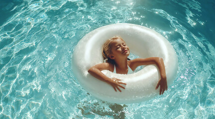 Girl swimming in white swim ring on water surface, ai generated