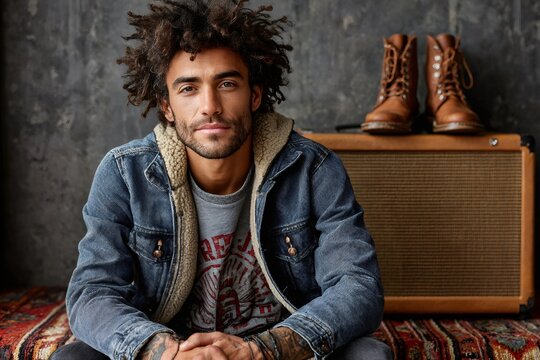 Musician man sitting, wearing denim jacket, in recording studio