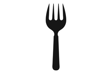 A black fork has tines and is centered on a white plain background