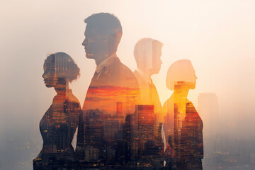 A group of people are silhouetted against a city skyline