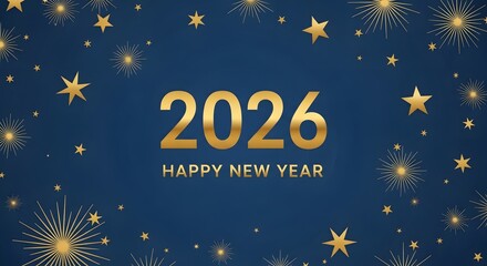 Celebrate 2026 Happy New Year with festive golden stars on a rich blue background for the holiday. 
