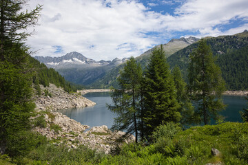 Landscape at the Malga Bissina reservoir in Italy.