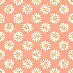 Small white flowers isolated on a light yellow-pink background. Cute floral seamless pattern. Simple flat vector graphic illustration. Texture.