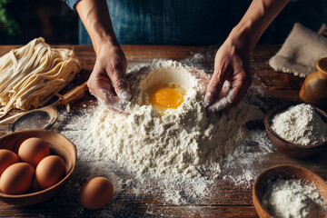 A person is making a cake with eggs and flour