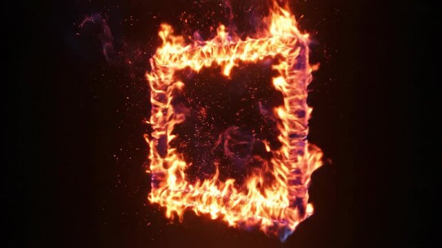 Fiery Square Frame Burning with Flames and Sparks in Dark Background
