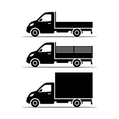 Various small trucks. Black silhouette. Side view. Vector simple flat graphic illustration. Isolated object on a white background.