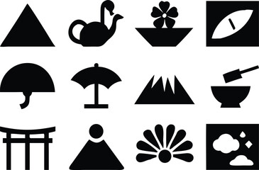 Elegant black silhouette icons showcase Japanese culture, nature, and traditions, perfect for travel guides, cultural projects, and minimalist designs, originally from scalable vector graphics.e