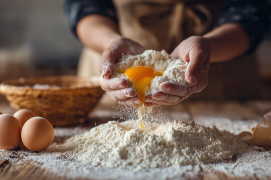 A woman is making a cake and has cracked an egg into the mixture