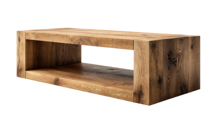 Brutalist solid oak media bench with open shelf and bold wood grain detail