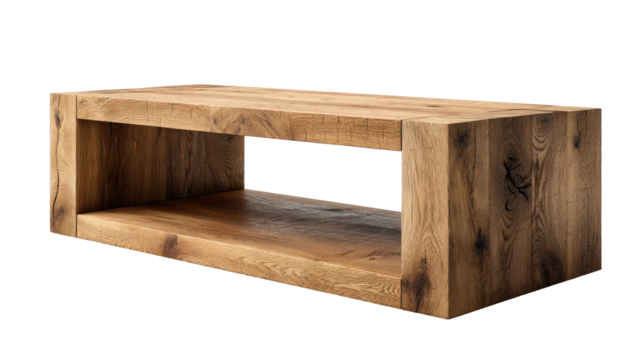 Brutalist solid oak media bench with open shelf and bold wood grain detail