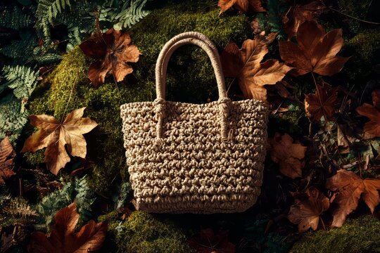 Autumn leaves serve as a base for a woven straw bag in a calm and idyllic outdoor setting surrounded by the sights and sounds of nature