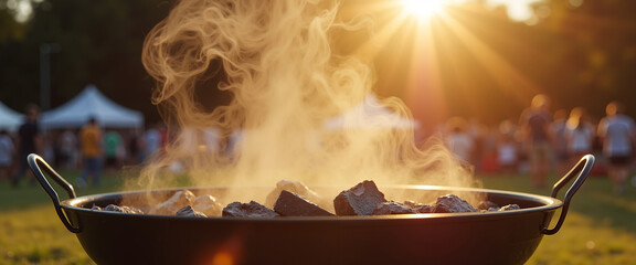 Grill with charcoal emitting steam during sunset at outdoor event