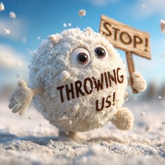Snowball Protest for Peace. A fluffy cartoon snowball stands in the snow asking to stop throwing snowballs. Winter Humor.